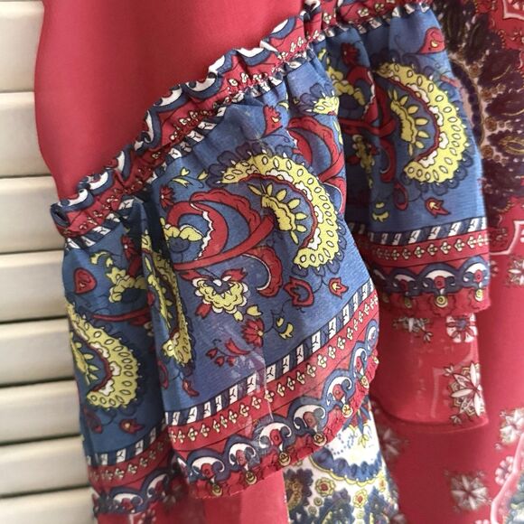 UMGEE Red Paisley Boho Tunic XL Relaxed Fit Tiered Flutter Sleeves Sheer Overlay - Picture 7 of 11